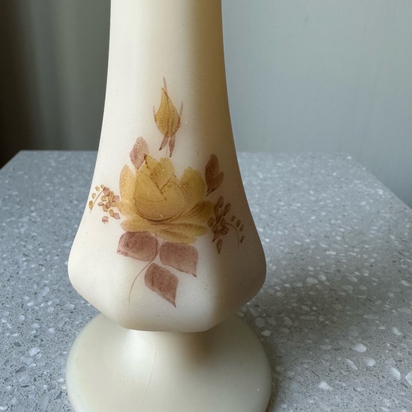 Fenton #9056 DR Chocolate Roses on Cameo Satin Vase Painted Custard Stamped - Picture 2 of 6
